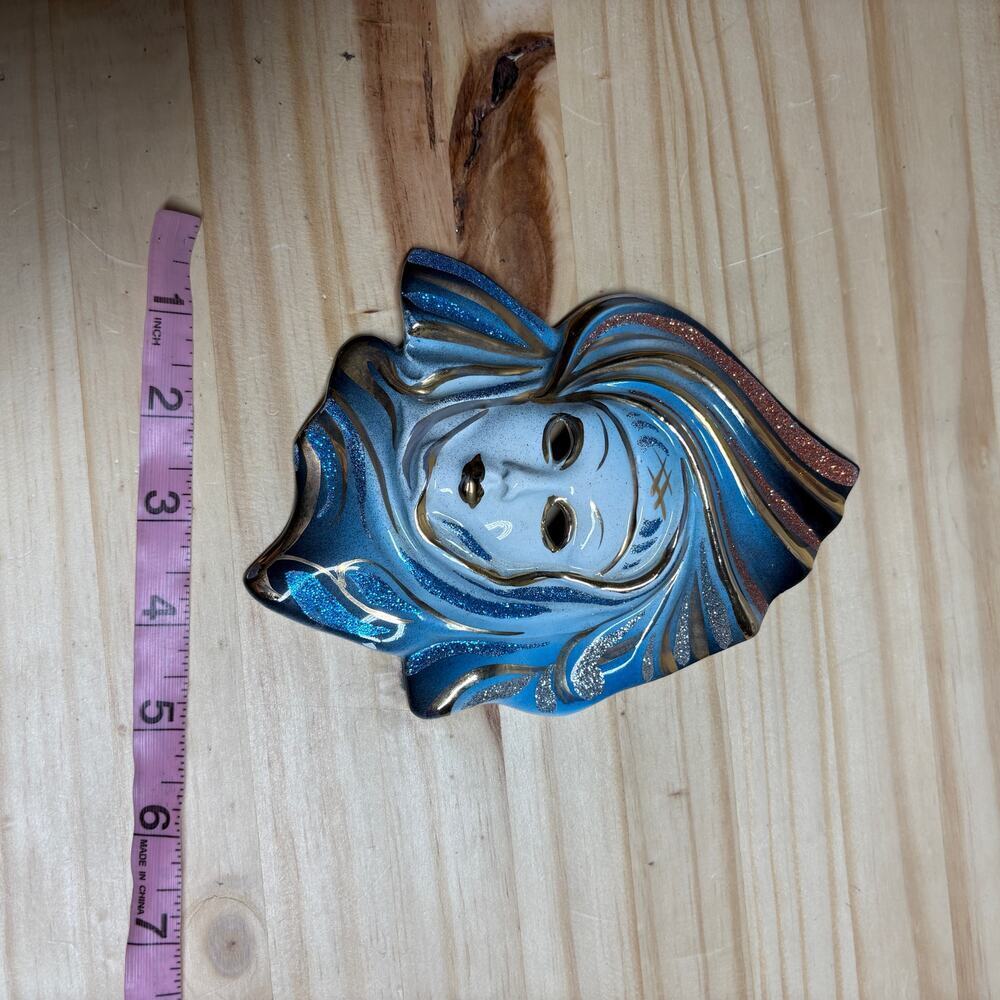 Vintage Womens Decorative Ceramic Mask Mascara Blue Gold 5X6 - Picture 7 of 8